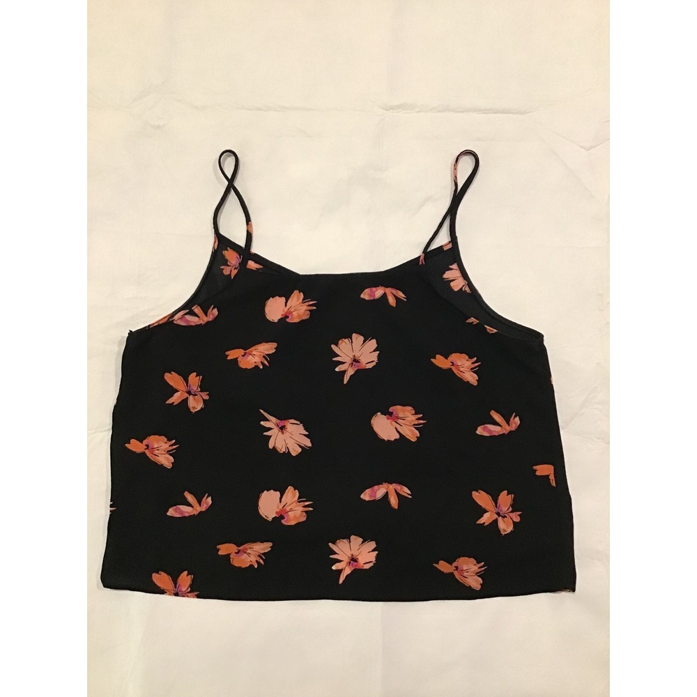 Lush Floral Cami Top Black Pink Orange Front Knot Spaghetti Strap Womens Large - Picture 3 of 3
